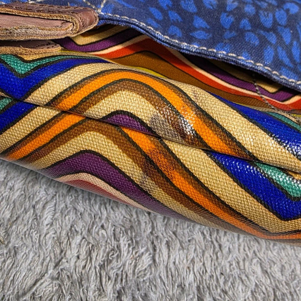 Fossil KeyPer Messenger‎ Laptop Bag Blue Orange Zig Zag Coated Canvas Key Fob